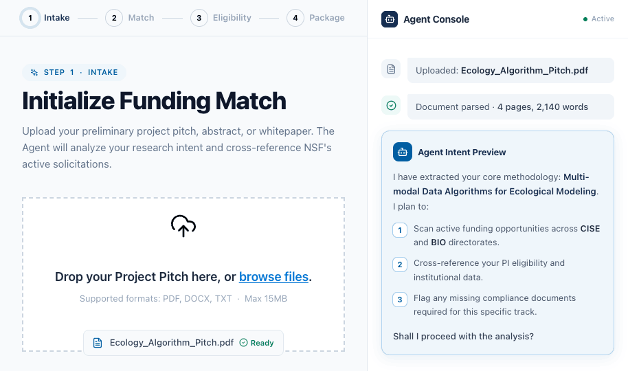 Intake screen — the agent proposes its plan