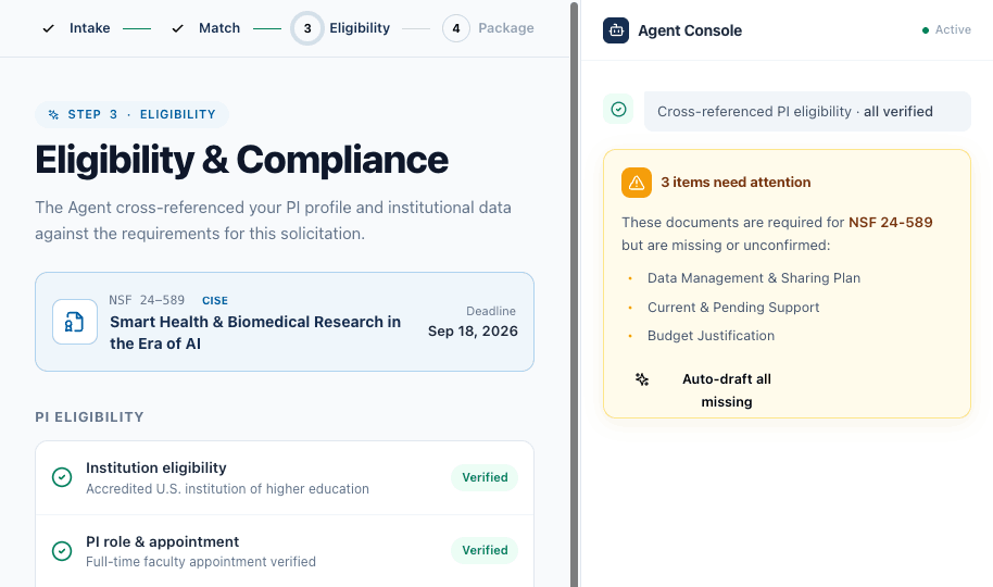 Eligibility screen — the agent flags what is missing
