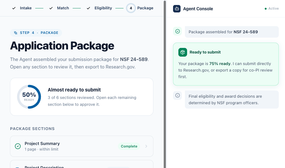 Package screen — live readiness meter
