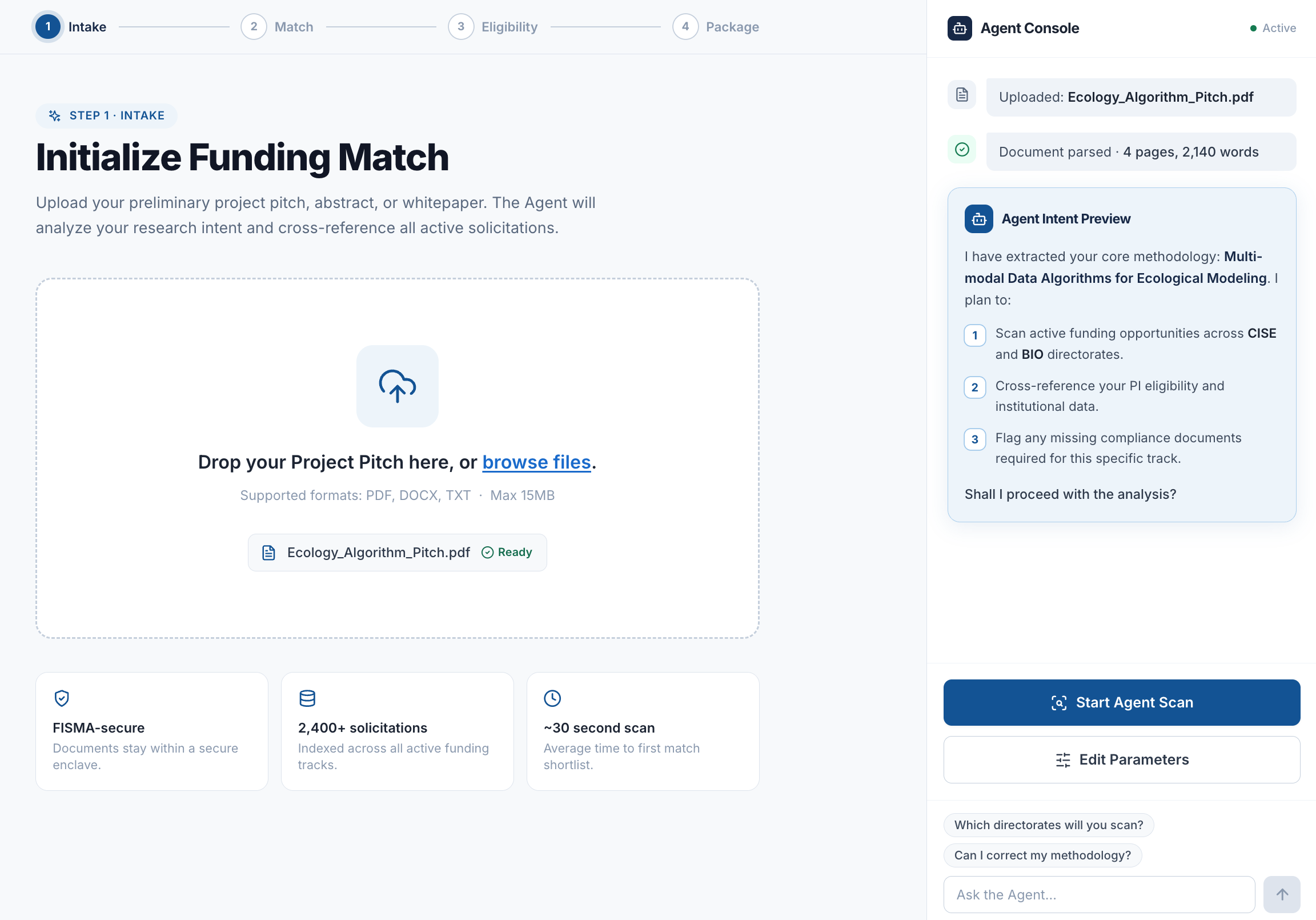 AI Grant Copilot prototype — Initialize Funding Match intake screen with Agent Console