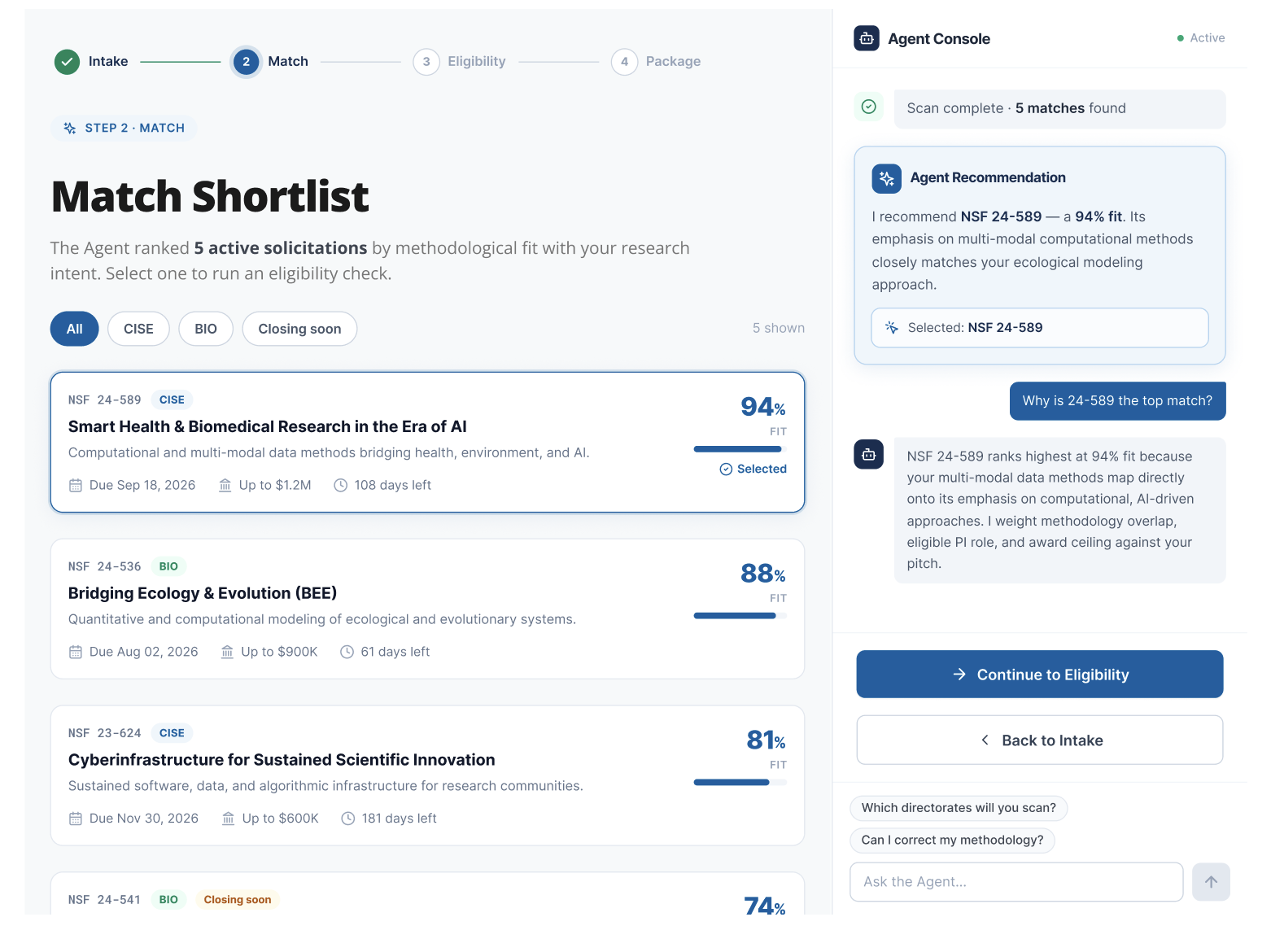 AI Grant Copilot — Match Shortlist screen