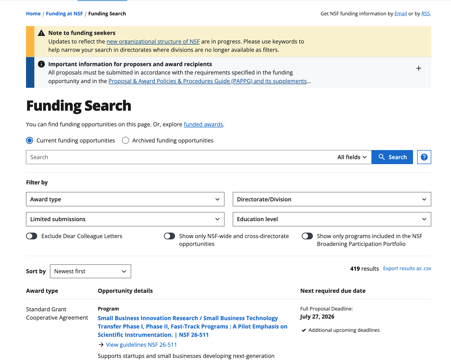 NSF Funding Search interface
