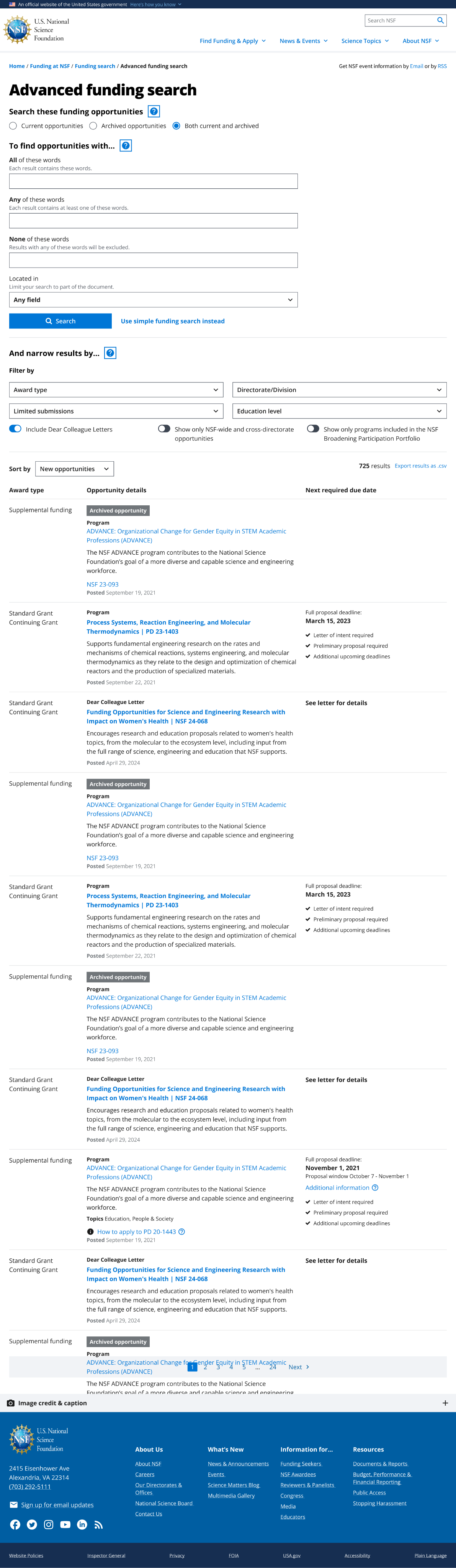 Advanced funding search interface