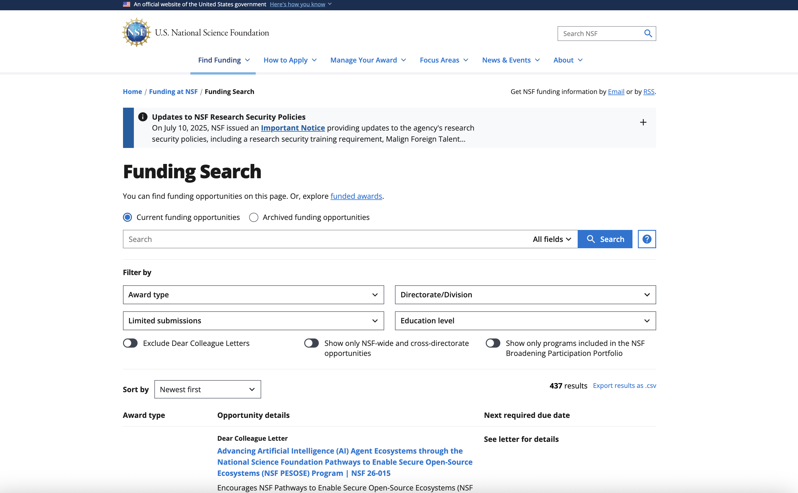 Redesigned NSF Funding Search interface