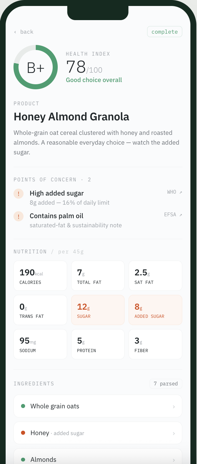 NutriWatch app — Honey Almond Granola scored B+ 78